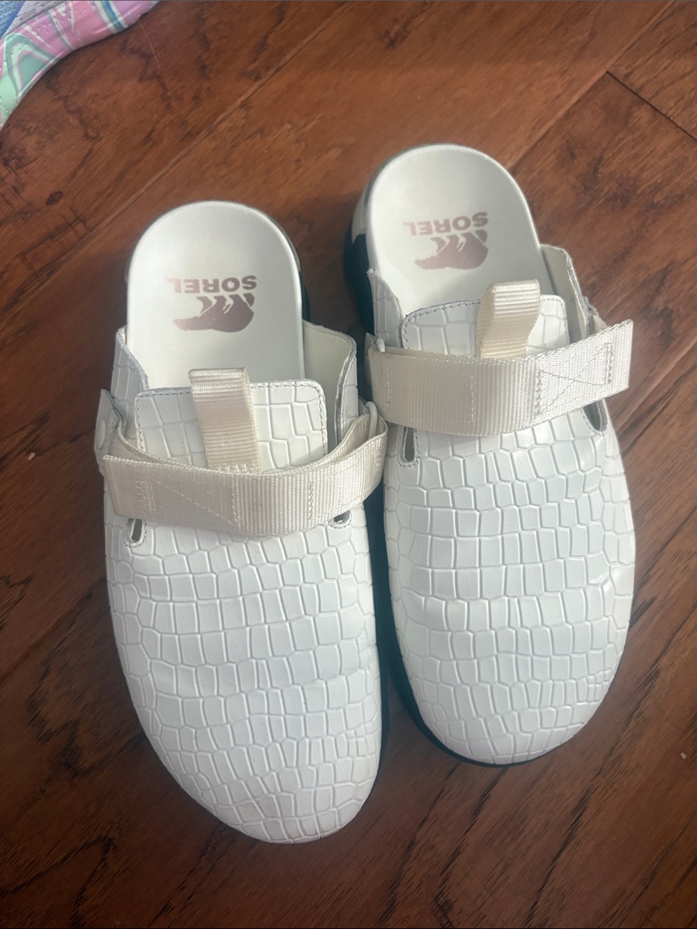 Sorel White Croc-Embossed Slide Clogs with Adjustable Strap